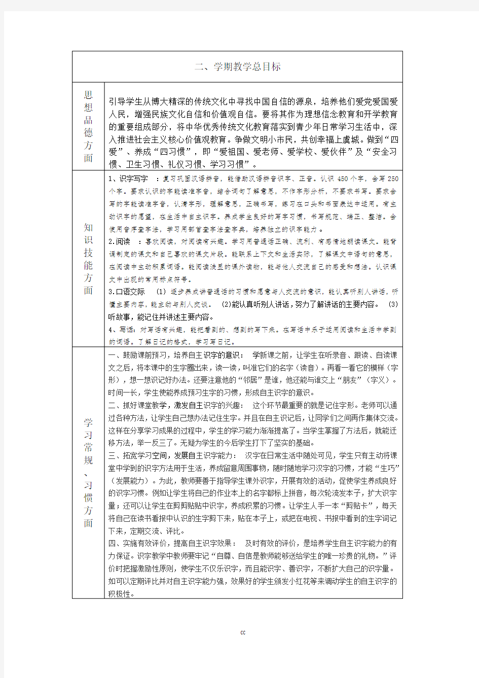 统编人教部编版语文二年级上册语文教学计划