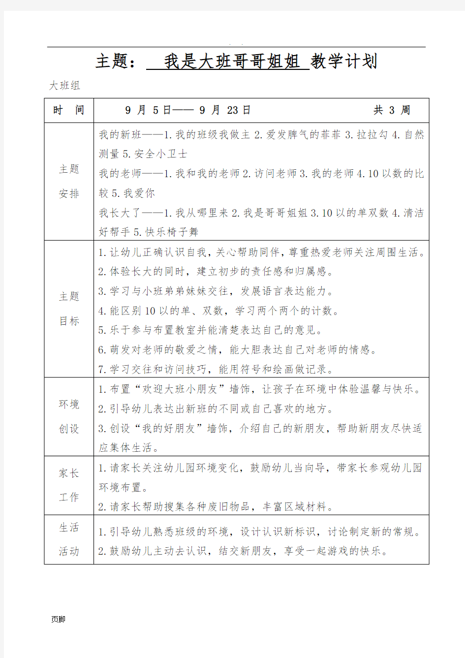 大班上学期主题计划表