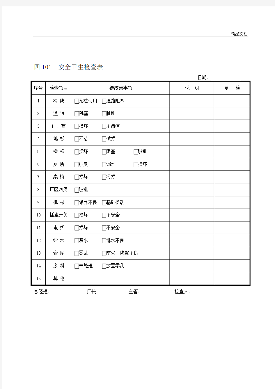 企业安全卫生检查表