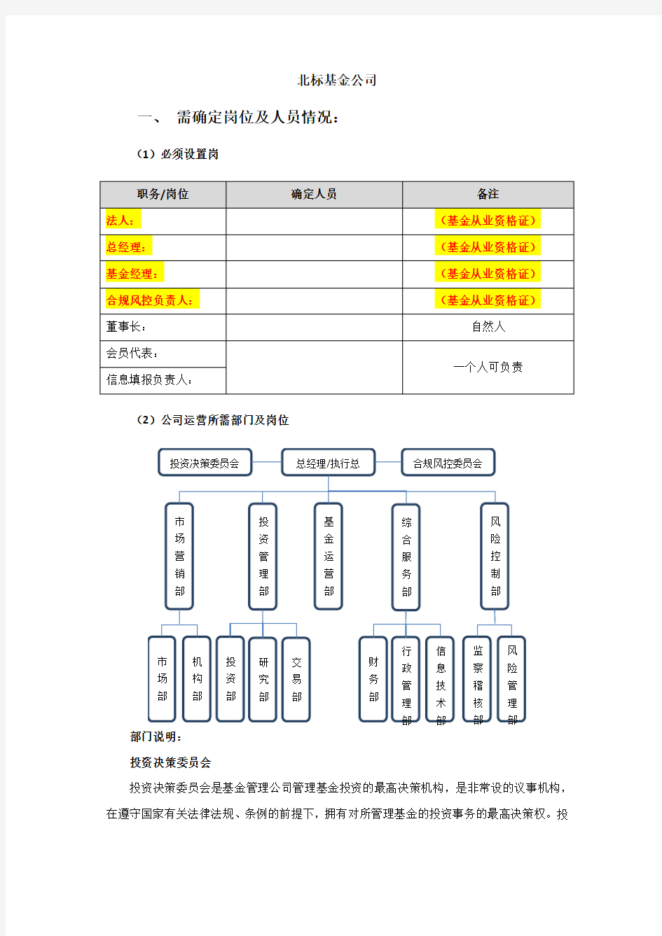 私募股权投资基金公司岗位及人员设定参考