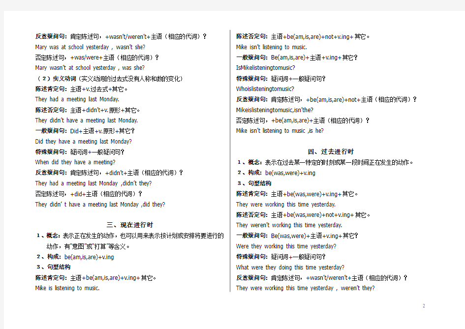 英语各种时态的概念和句型结构