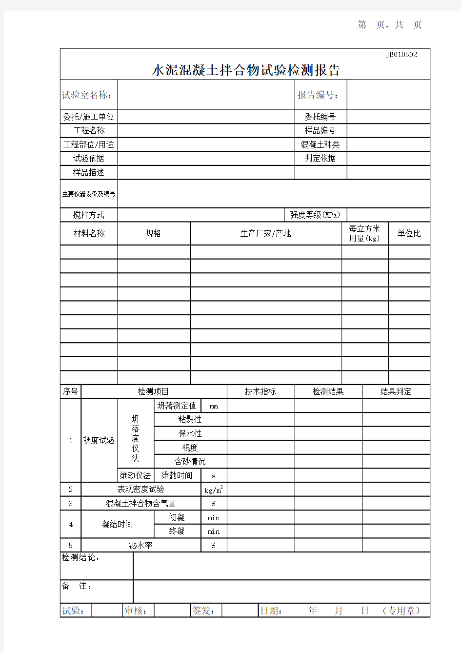 混凝土拌合物试验检测报告