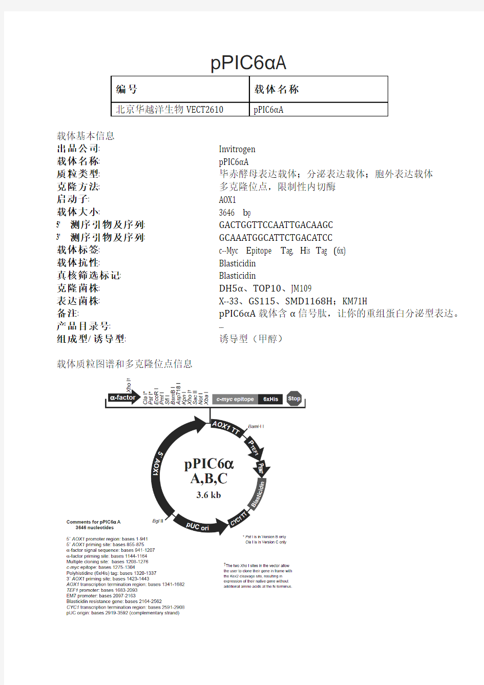 pPIC6αA酵母表达载体说明