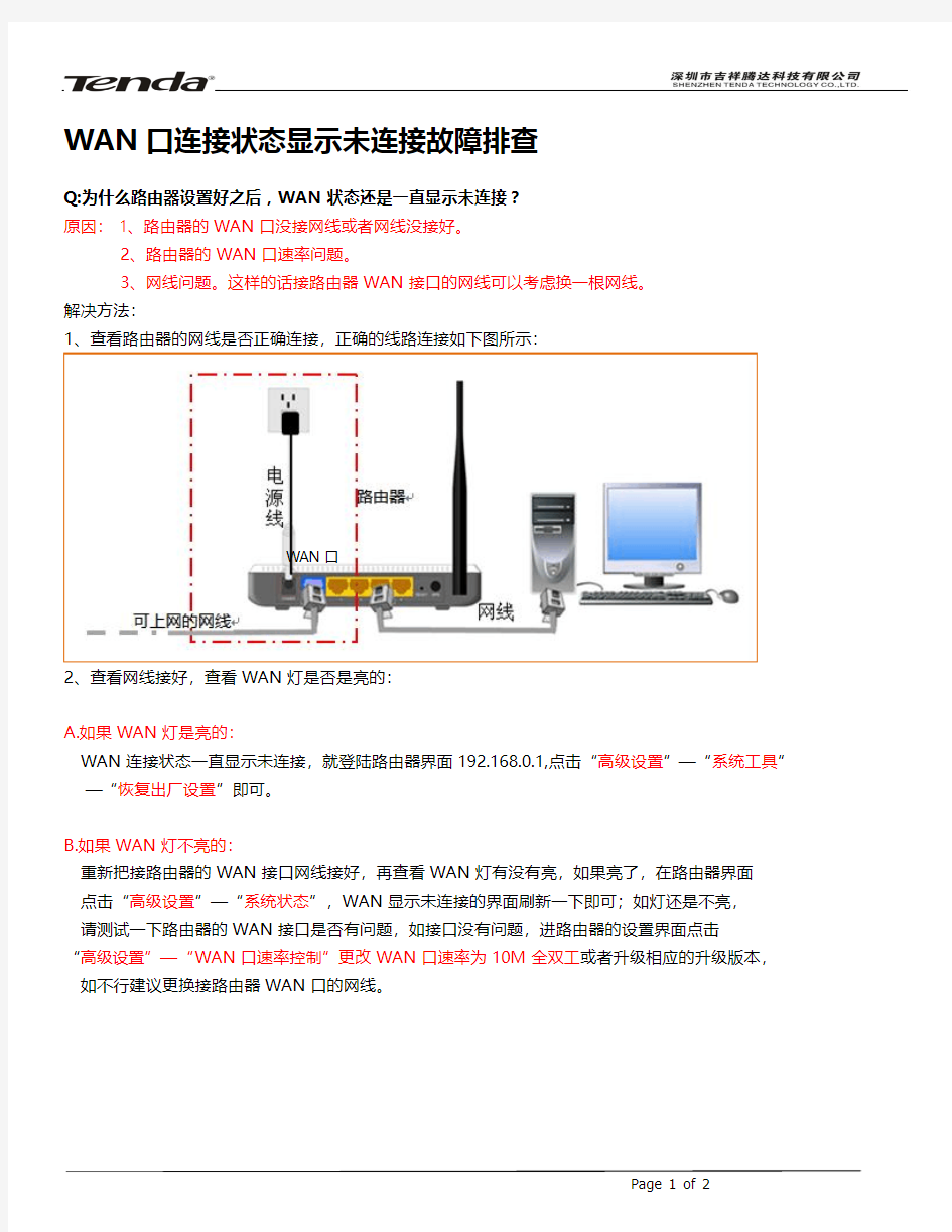 腾达Tenda无线路由器怎么安装设置之：WAN口显示未连接故障解决方法