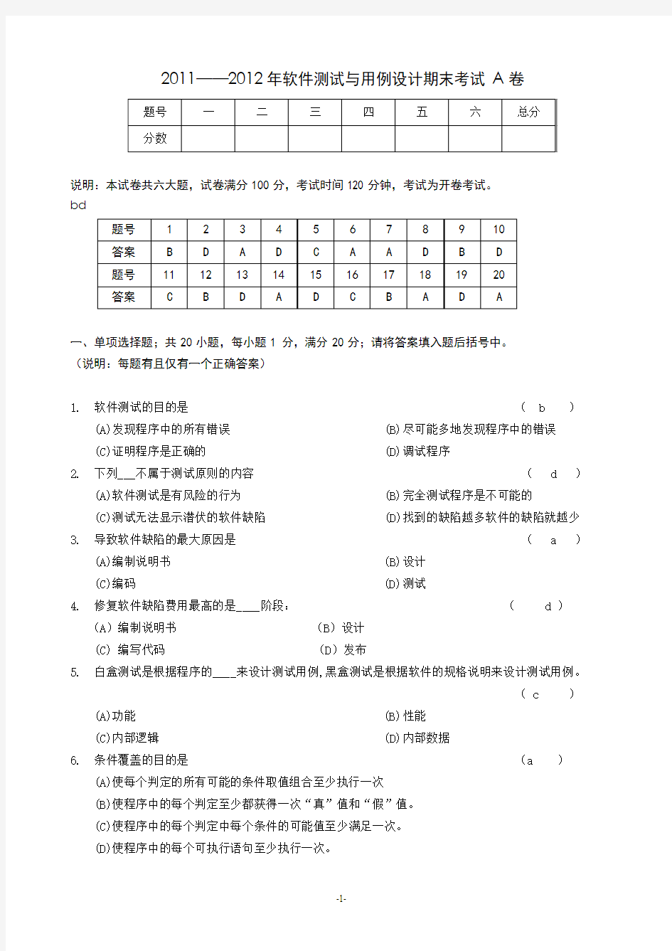 软件测试实用技术期末考试考题大全