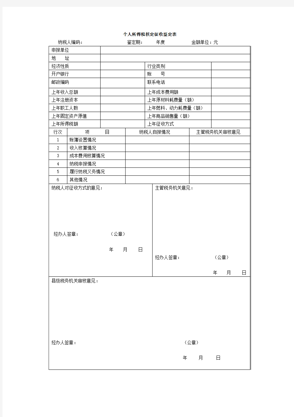 个人所得税核定征收鉴定表