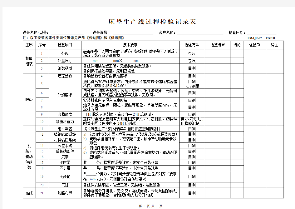 过程检验记录表(床垫)