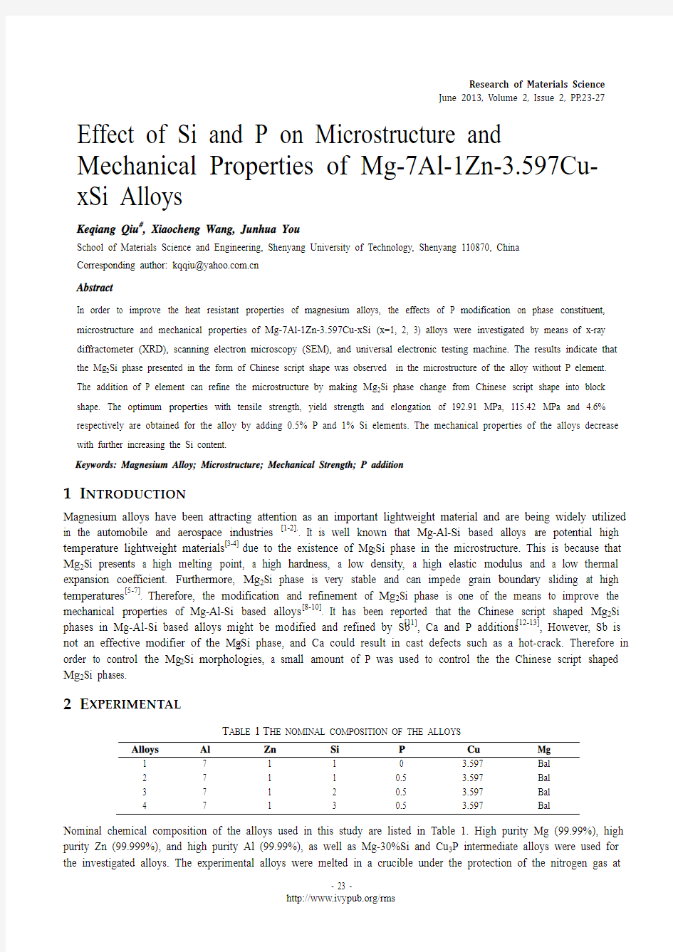 Effect of Si and P on Microstructure and Mechanical Properties of Mg-7Al-1Zn-3.597Cu-xSi Alloys