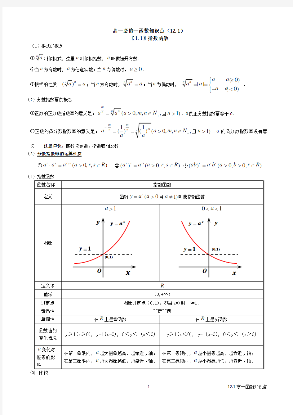 高一必修一基本初等函数知识点总结归纳