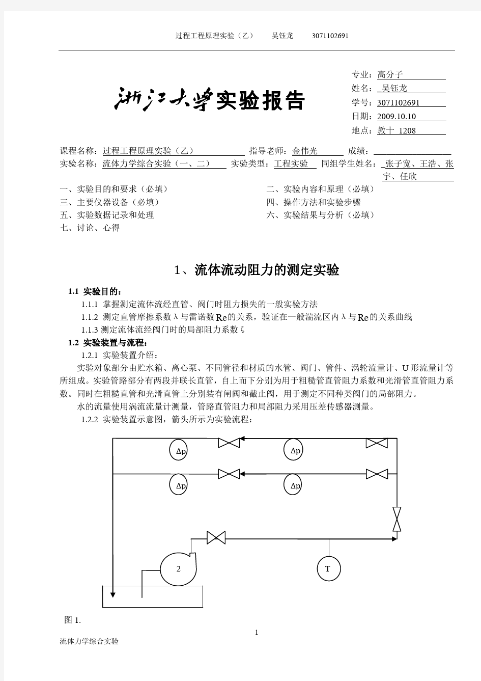 浙江大学化工原理(过程工程与控制乙)实验报告 流体力学综合实验