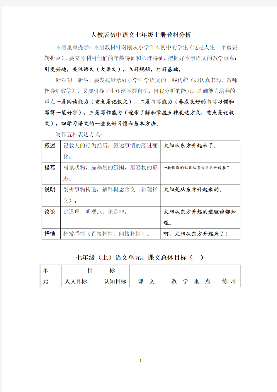 人教版初中语文七年级上册教材分析