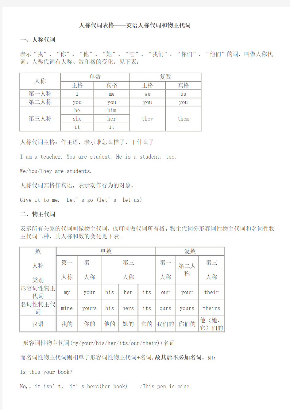 人称代词表格及练习