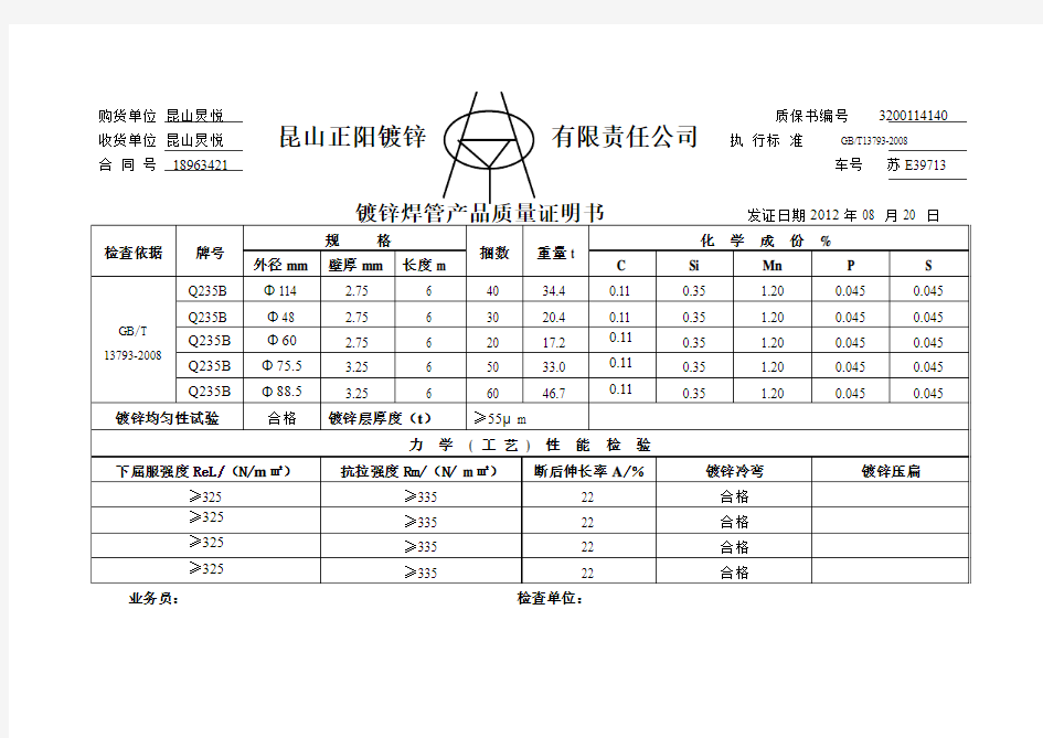 镀锌焊管产品质量证明书