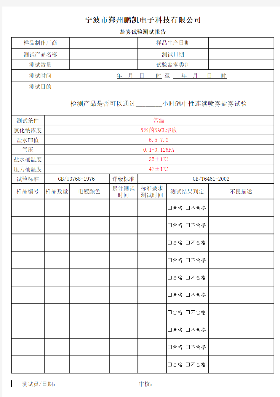 盐雾试验测试报告格式