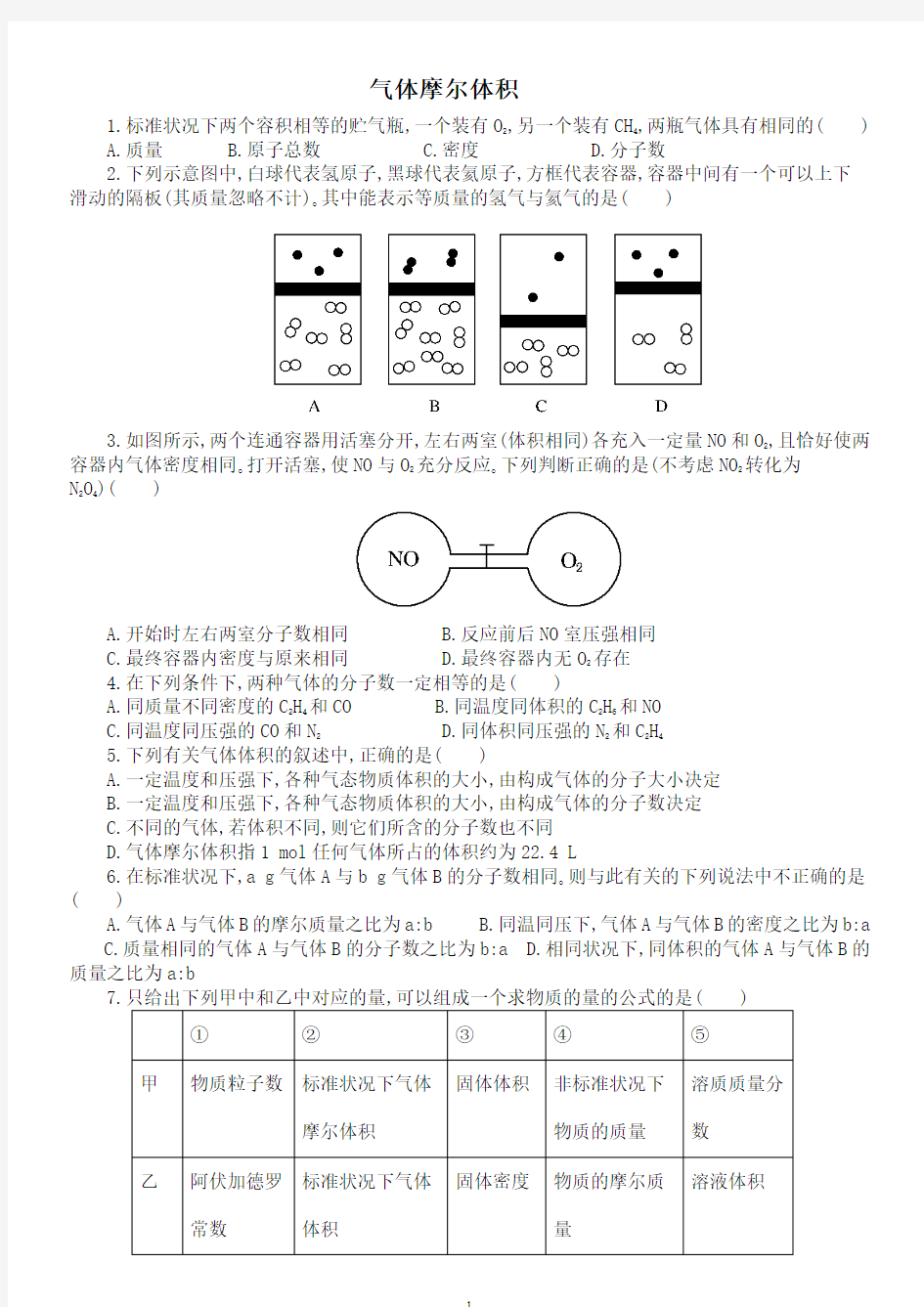 气体摩尔体积练习题及答案解析