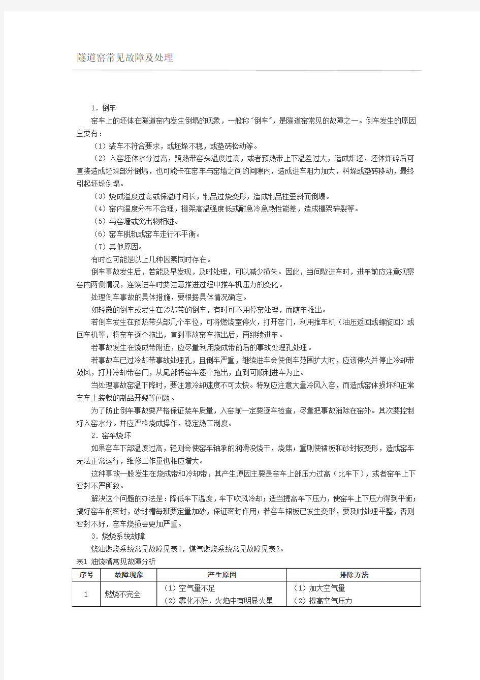 隧道窑常见故障及处理