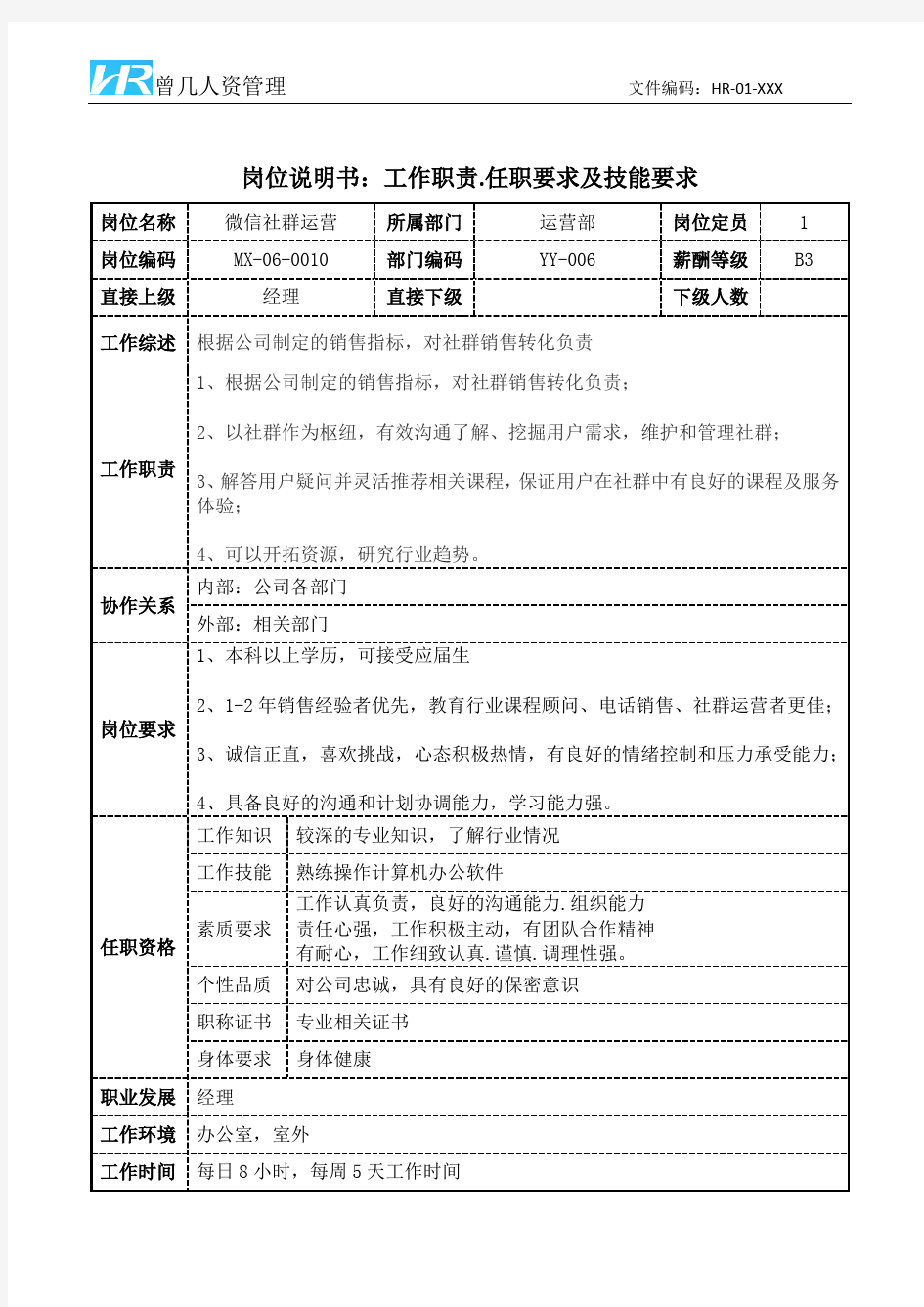 微信社群运营岗位说明书模板