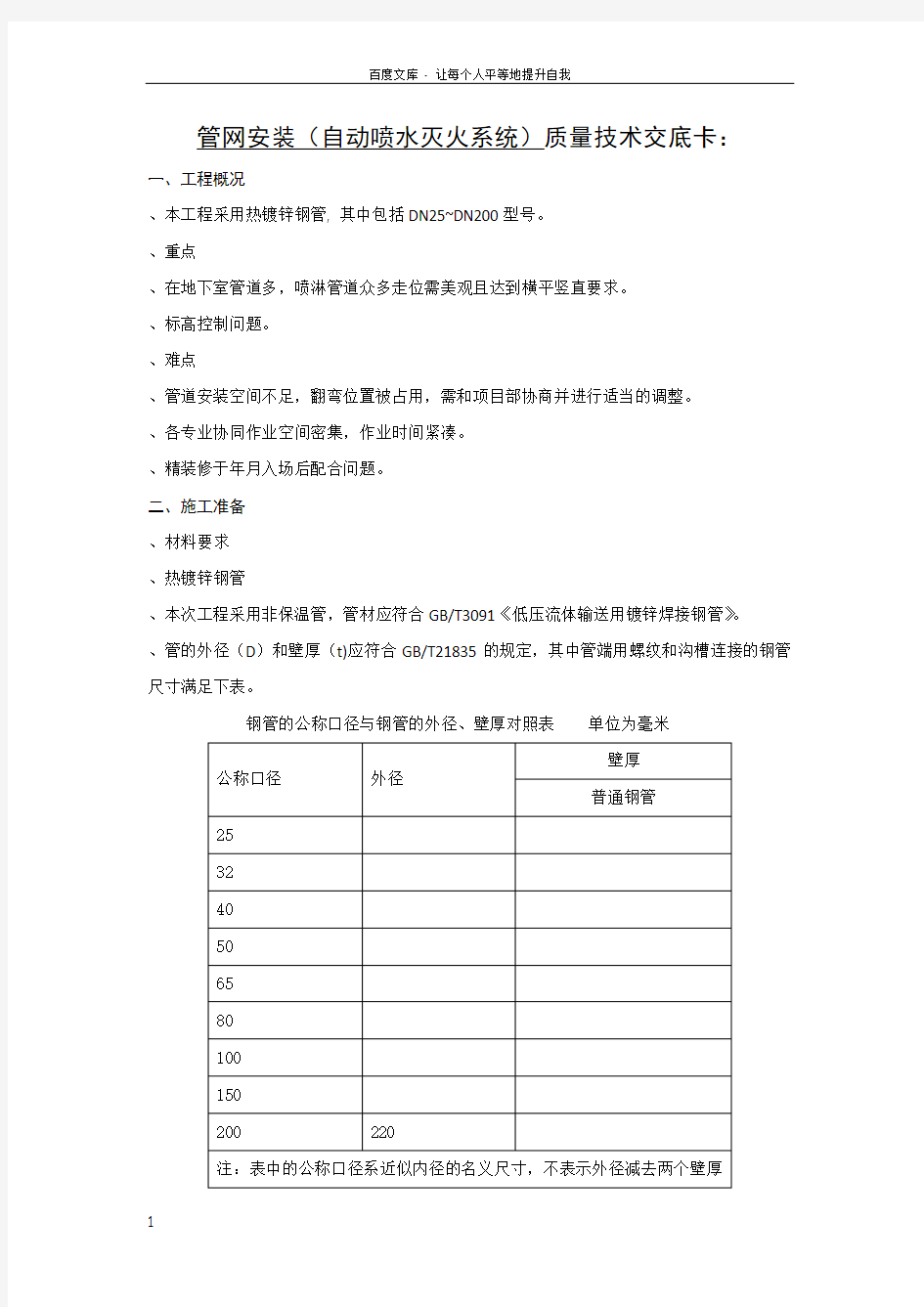 自动喷水灭火系统管道系统安装技术交底