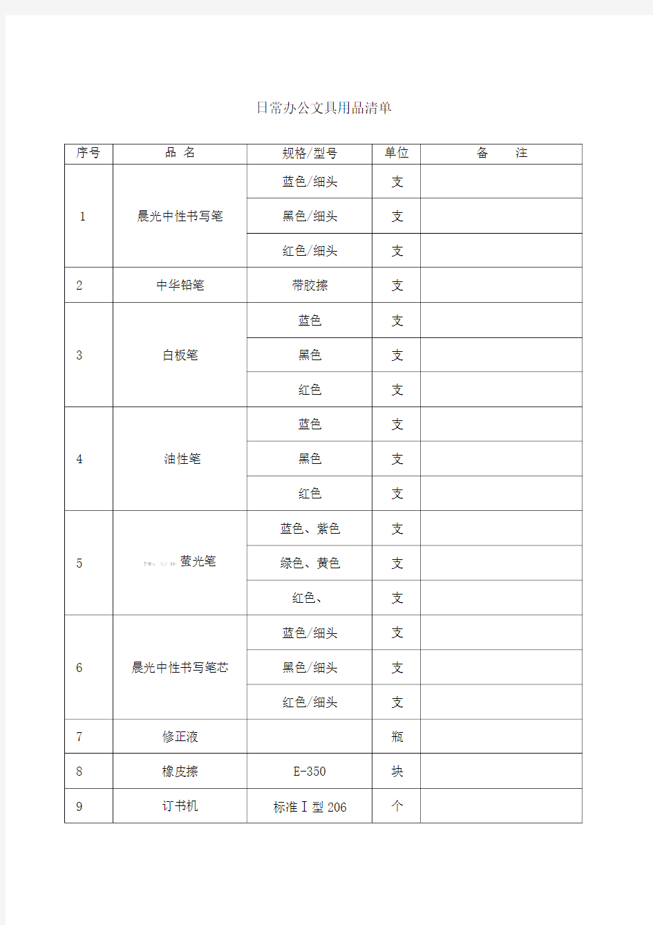 日常办公用品清单