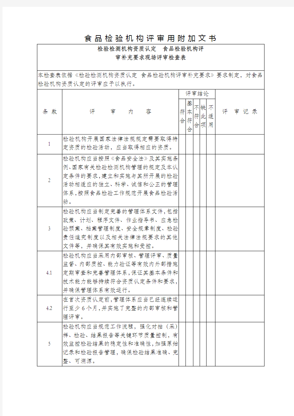 检验检测机构资质认定-食品检验机构评审补充要求现场评审检查表资料