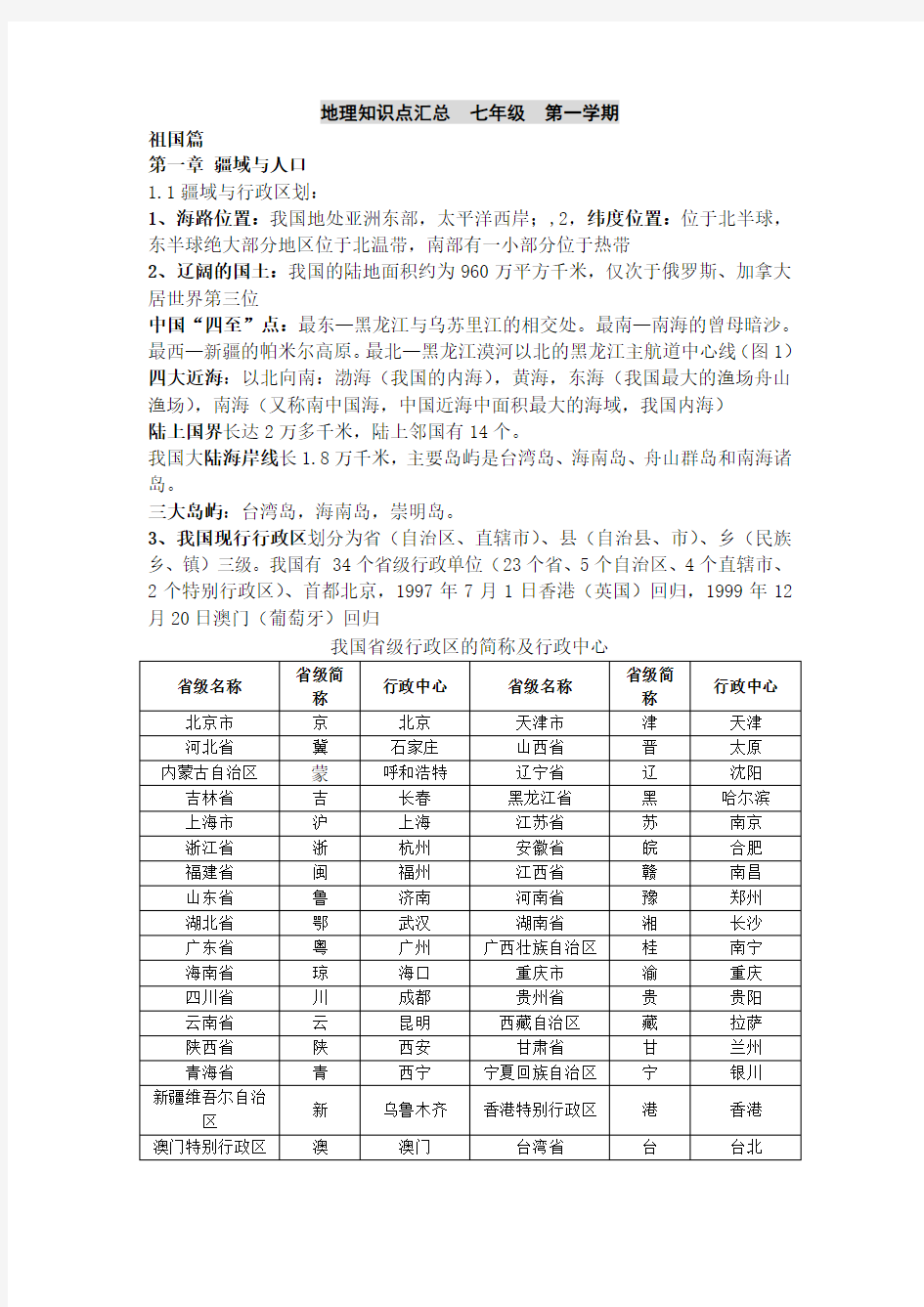 上海初中地理会考知识点汇总-七年级--第一学期