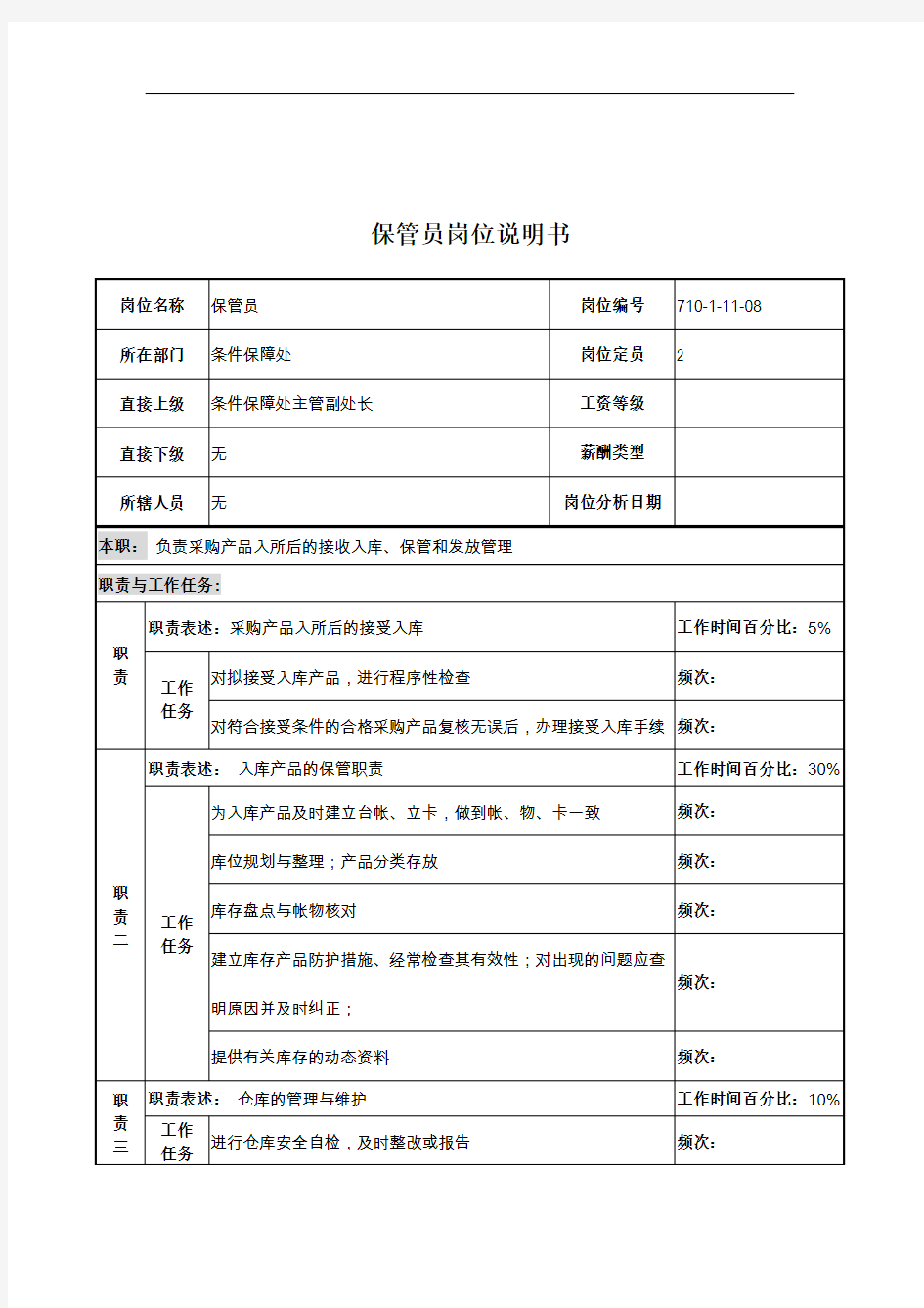 保管员岗位职务说明