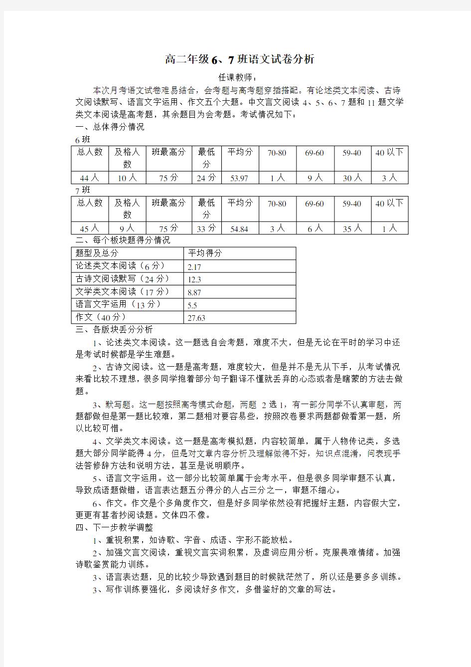 高中语文试卷分析