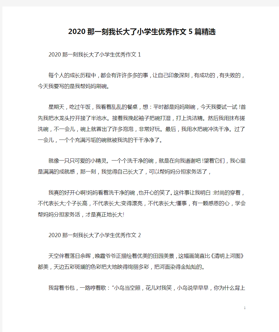 2020那一刻我长大了小学生优秀作文5篇精选