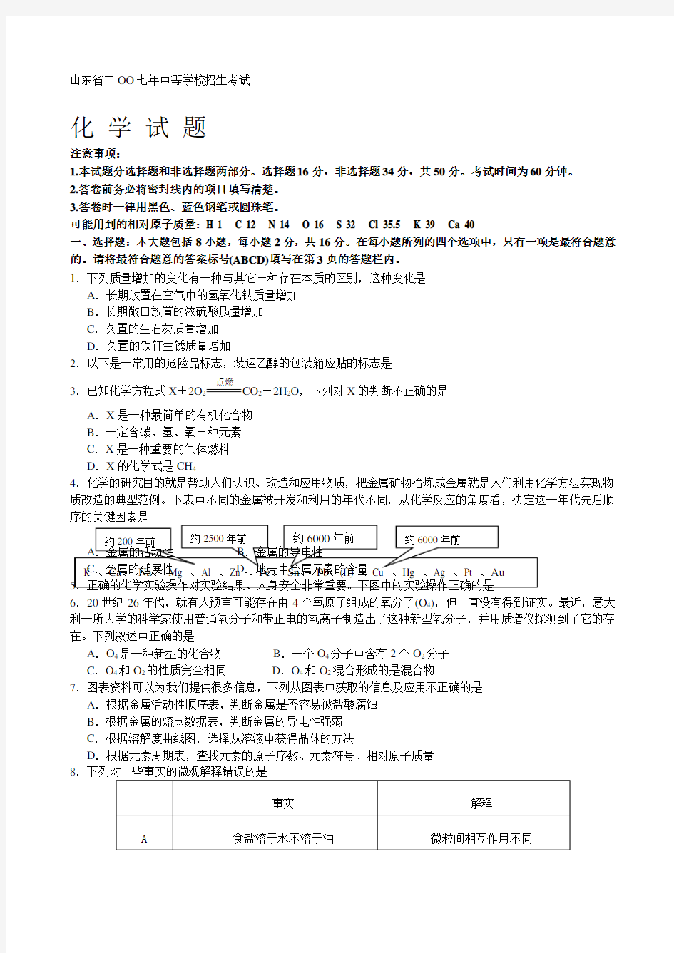 山东省中考化学试题和答案