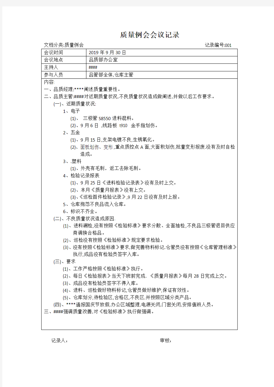 质量例会会议记录