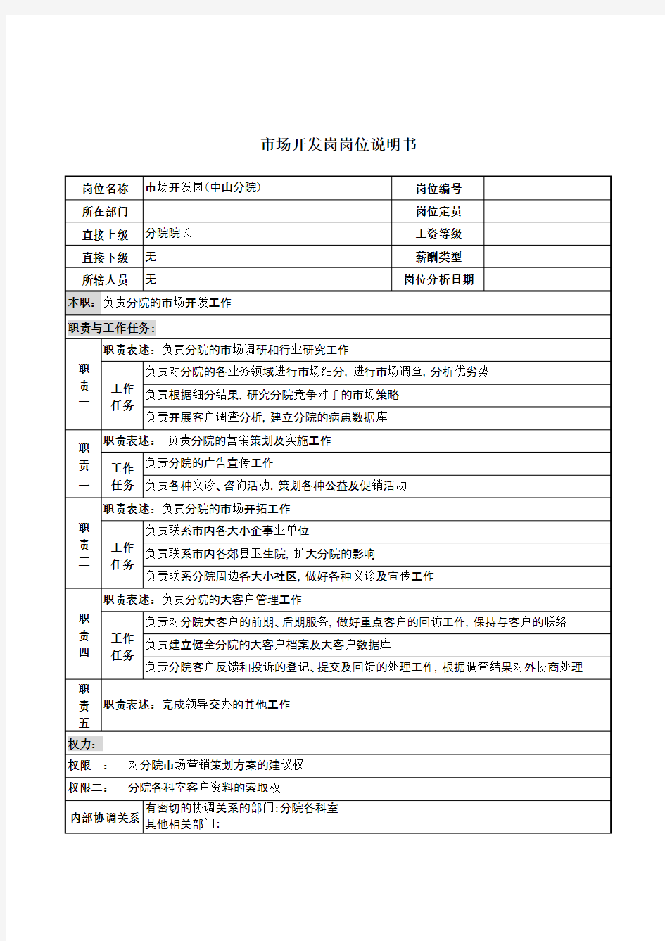 市场开发岗岗位说明书