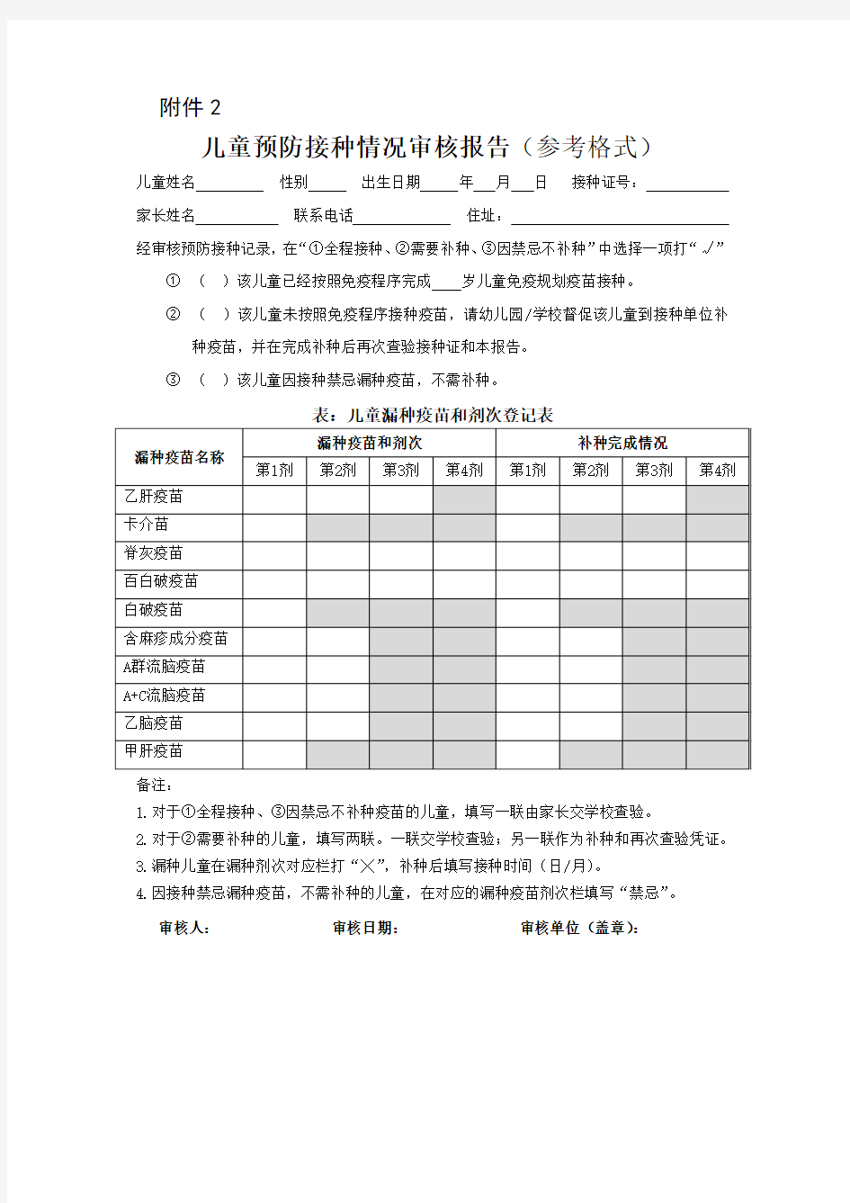 入托入学儿童预防接种证查验登记表