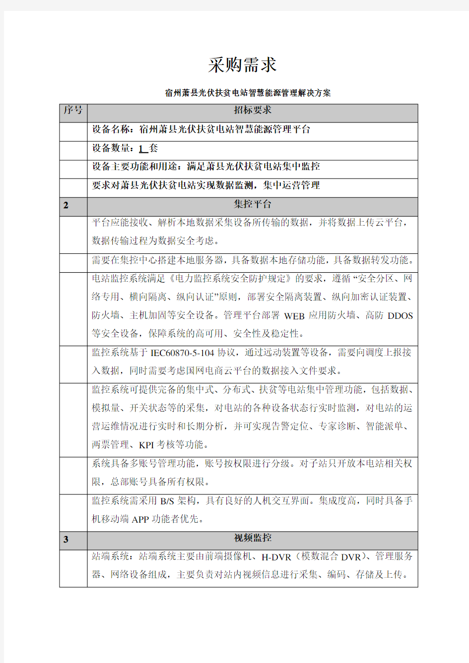 政府采购项目需求表