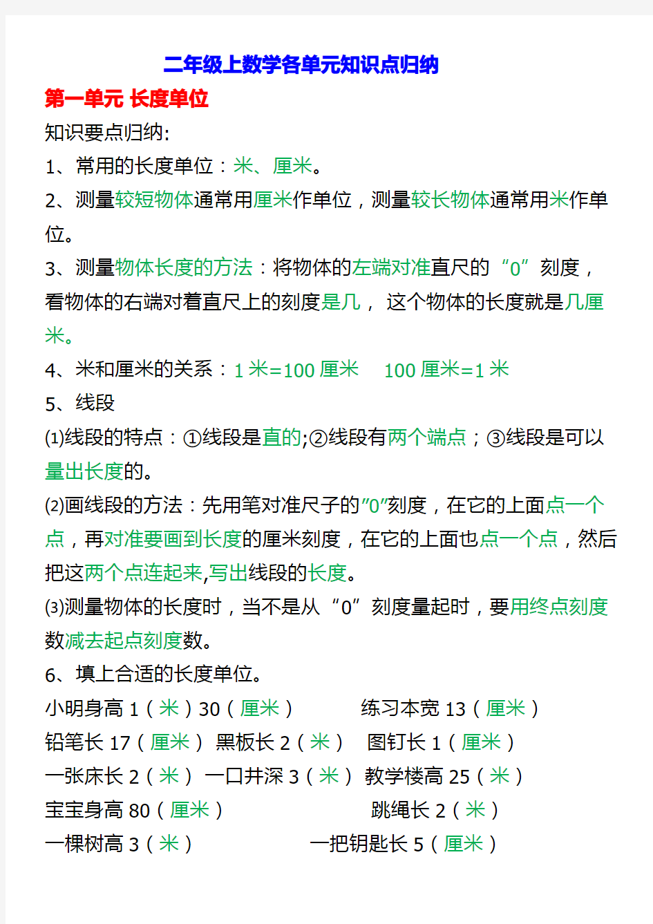 人教版 二年级数学 知识点汇总