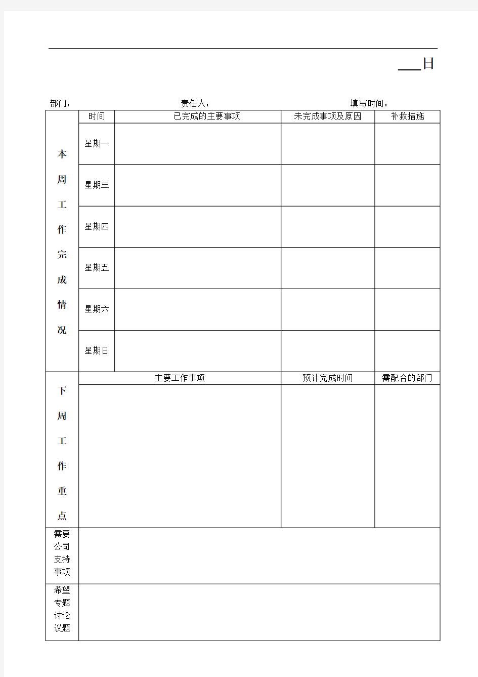 周工作总结及下周工作计划表