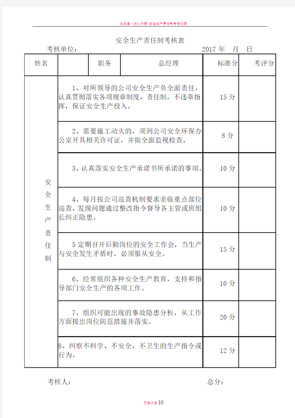 安全生产责任制考核表