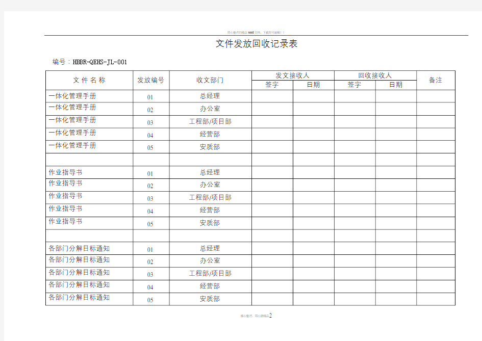 文件发放回收记录表