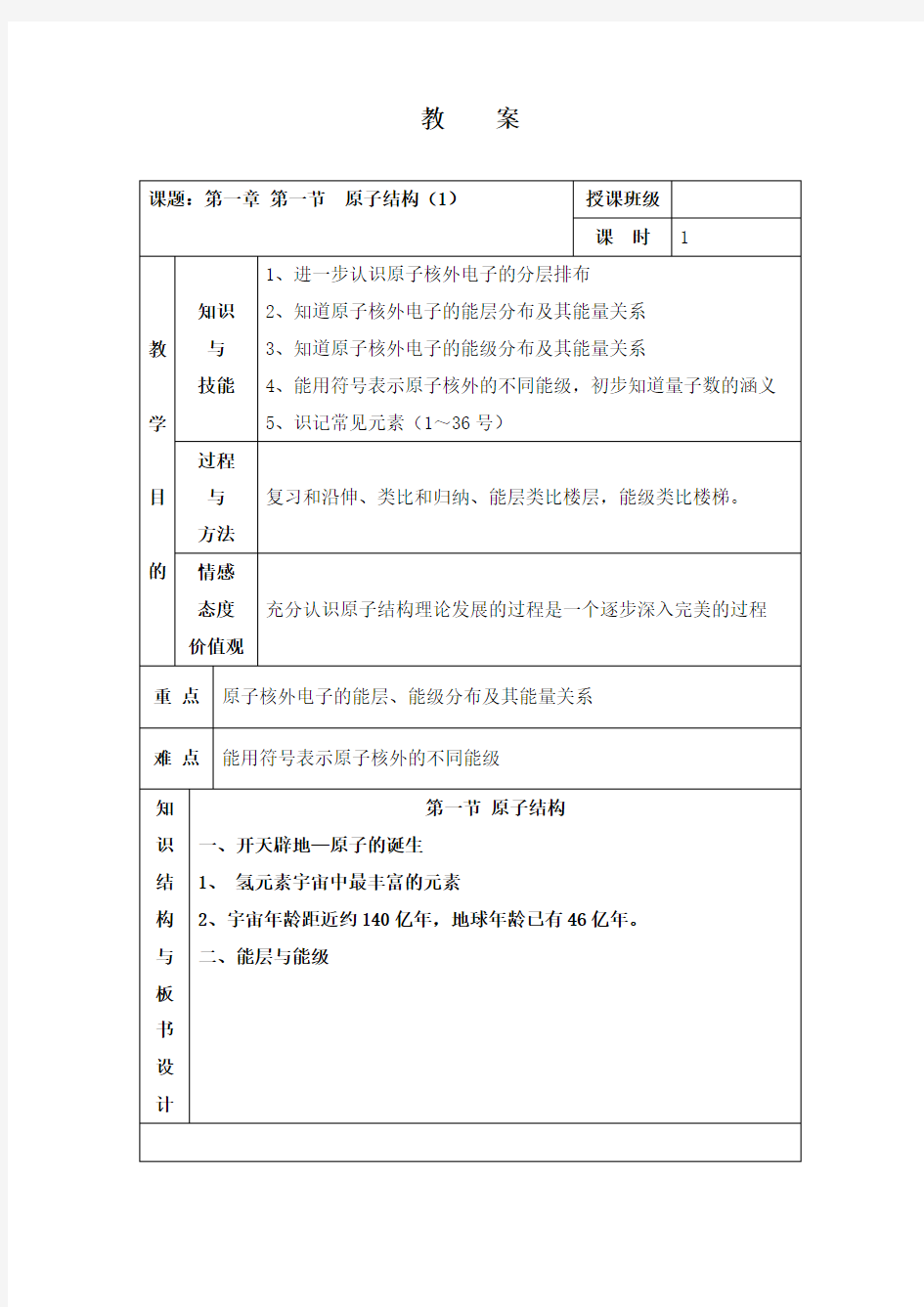 最新人教版选修三高中化学1.1原子结构第一课时教学设计