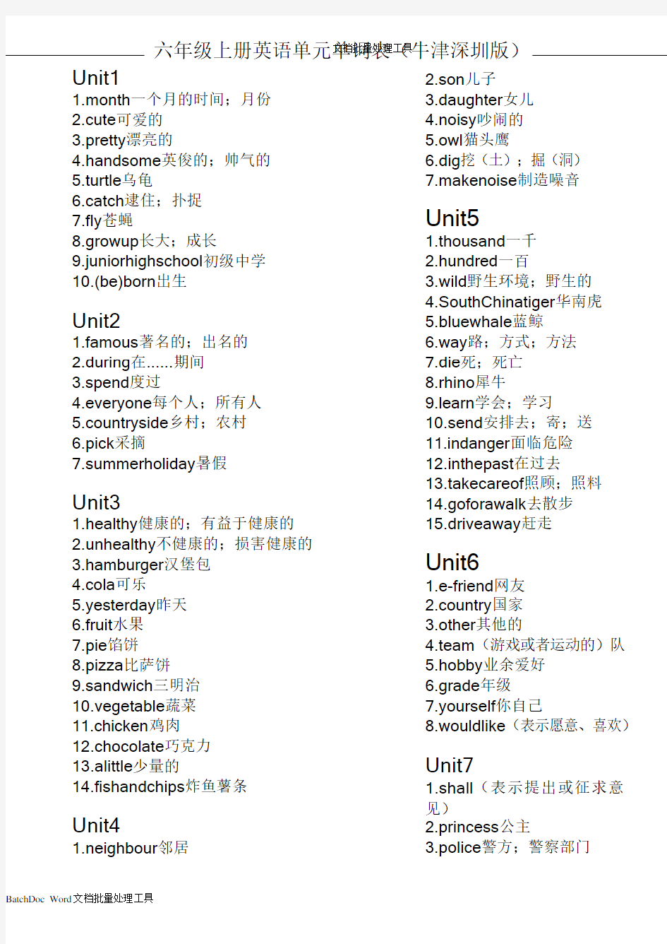 六年级上册英语单元单词表(牛津深圳版)