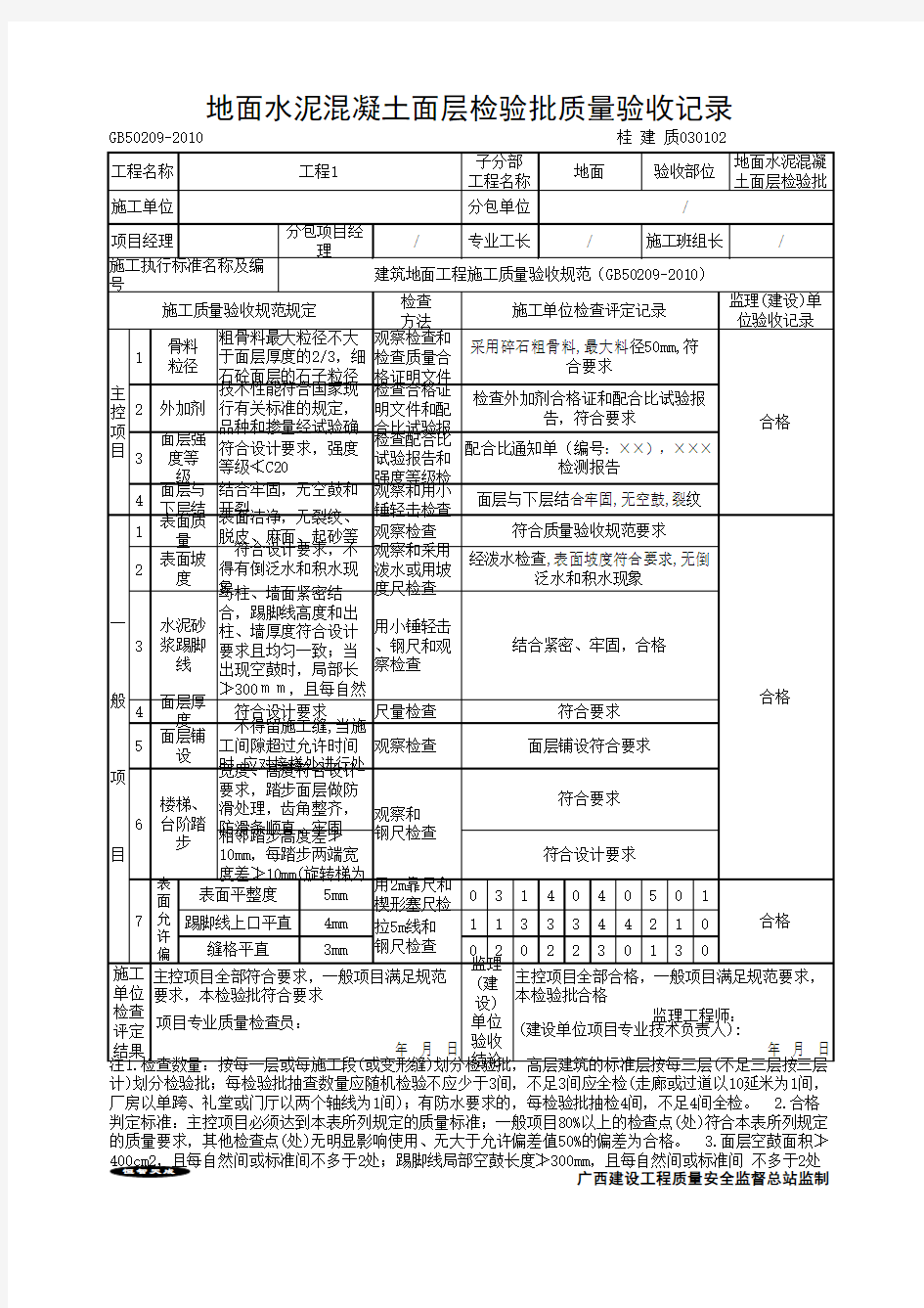 地面水泥混凝土面层检验批质量验收记录(最新版)