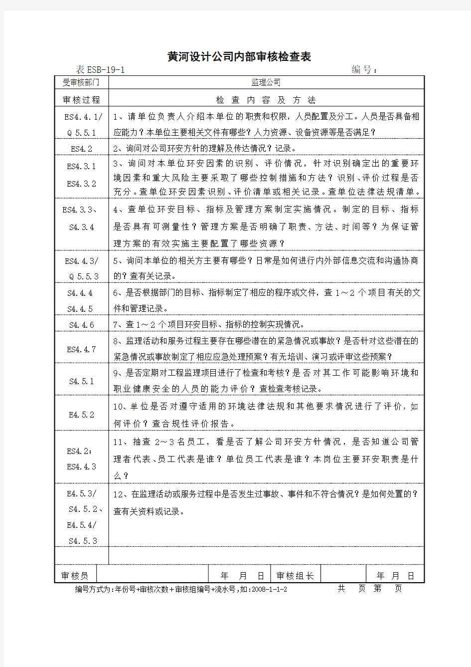 QES年度监理公司审核检查表(监理三体系)