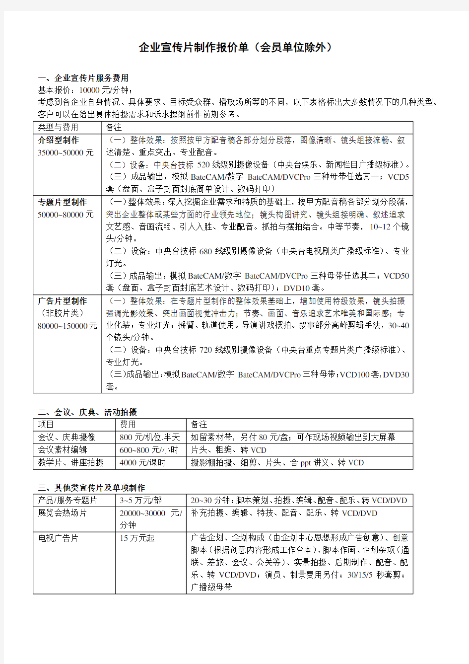 影视广告制作报价单