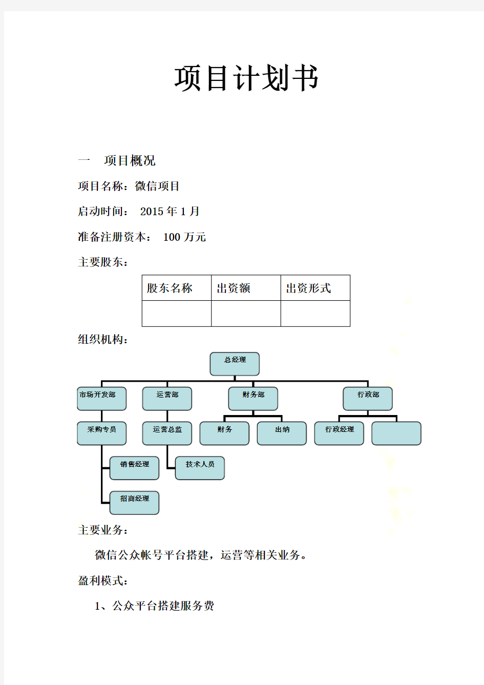 微信创业项目计划书2015