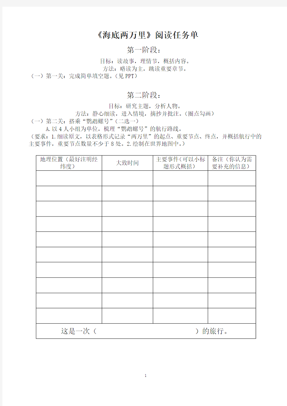 《海底两万里》阅读任务清单(学生版)