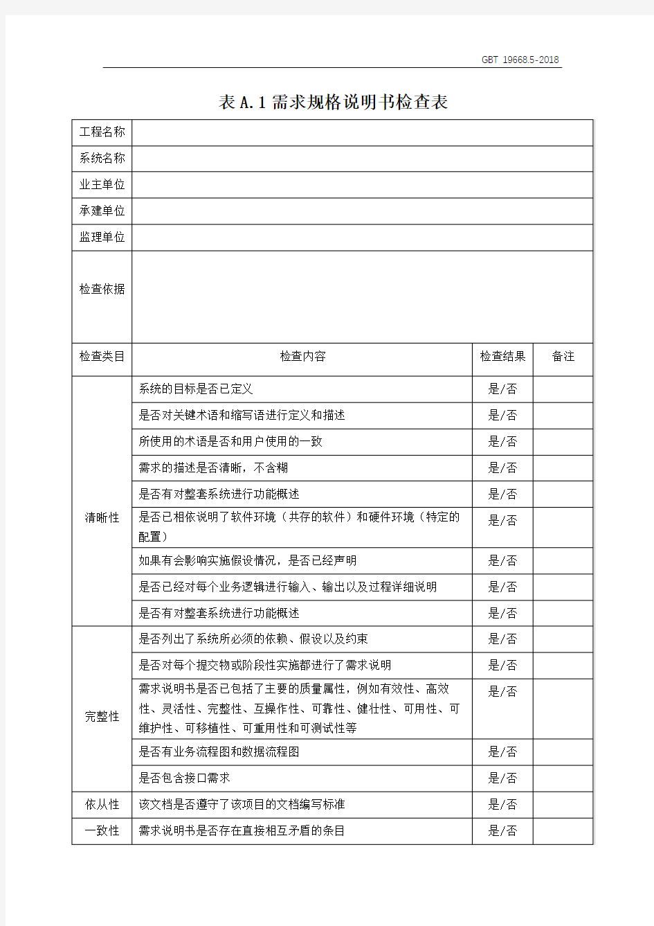 表A.1需求规格说明书检查表