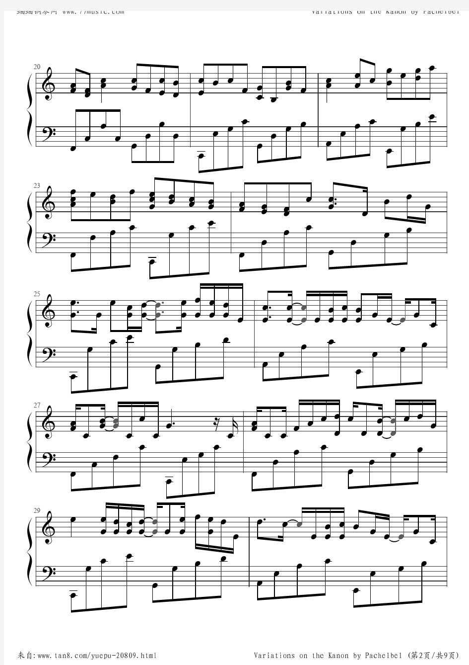 卡农(C调浓情版) 钢琴谱