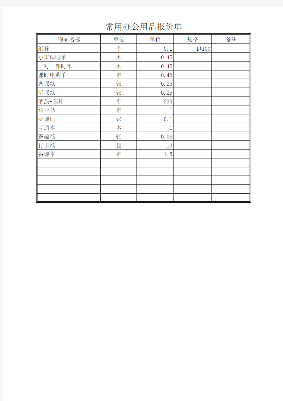 常用办公用品报价单