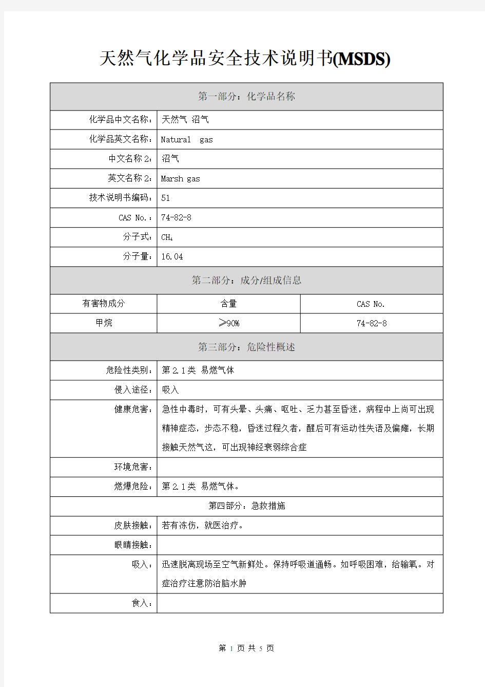 天然气化学品安全技术说明书