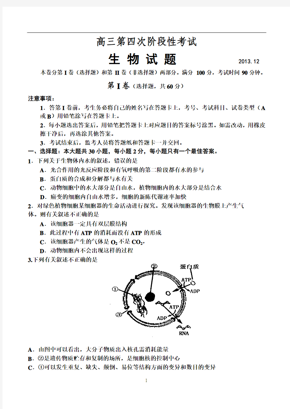 山东省泰安市宁阳县宁阳一中高三第四次阶段性考试生物及答案