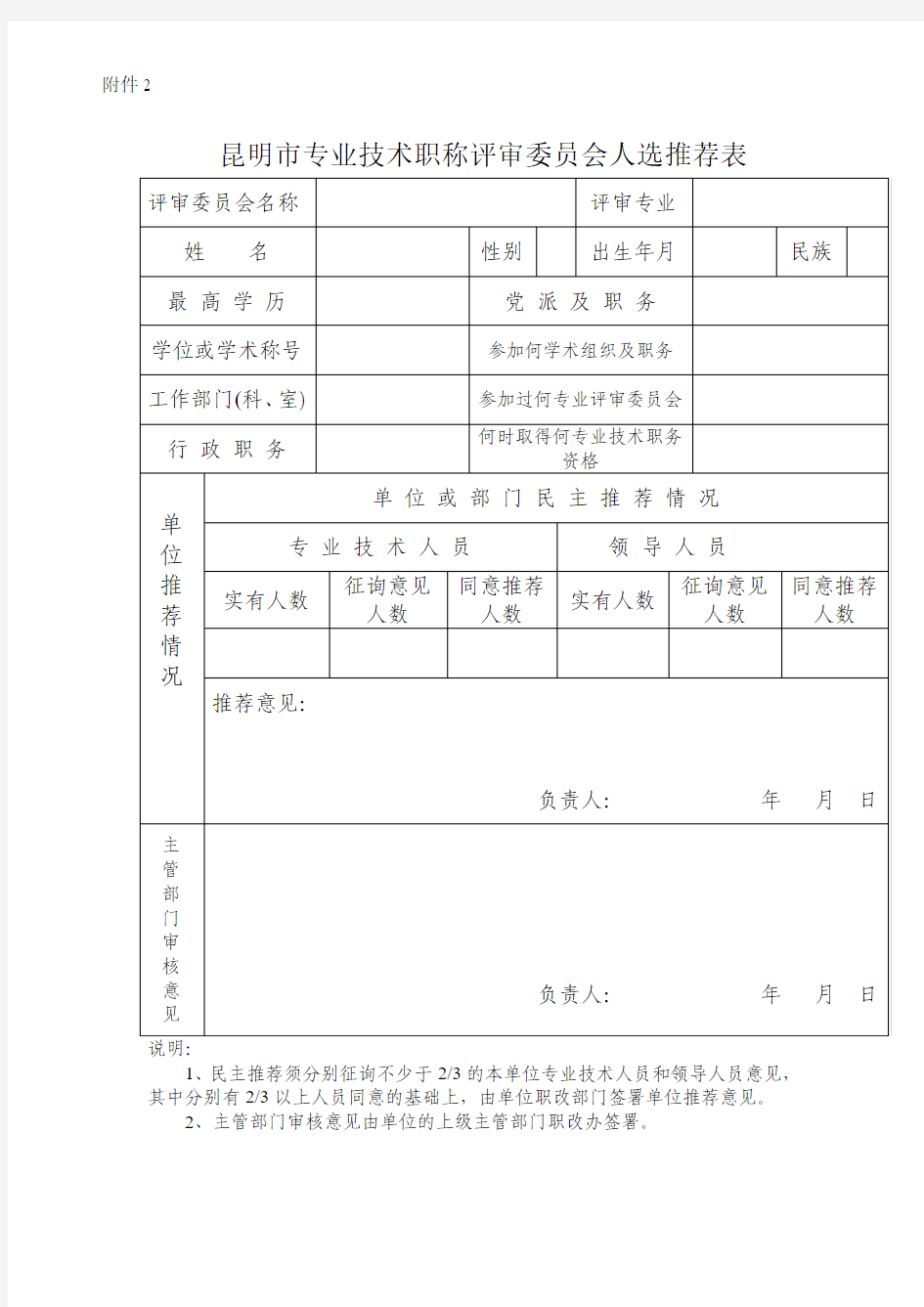 昆明市专业技术职称评审委员会人选推荐表